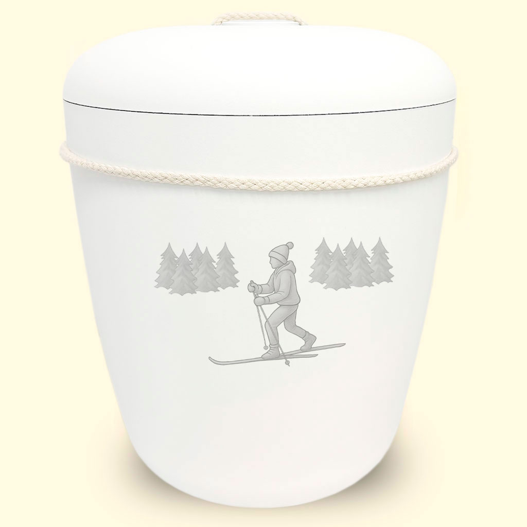 Valkoinen uurna hiihtäjä kuvalla